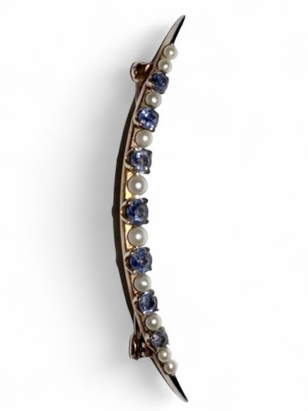 903 Vintage Gold Pearl & Sapphire Crescent New Moon Brooch